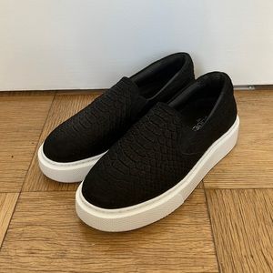 J Slides Black Suede Embossed Slip on Sneakers Sz 6.5